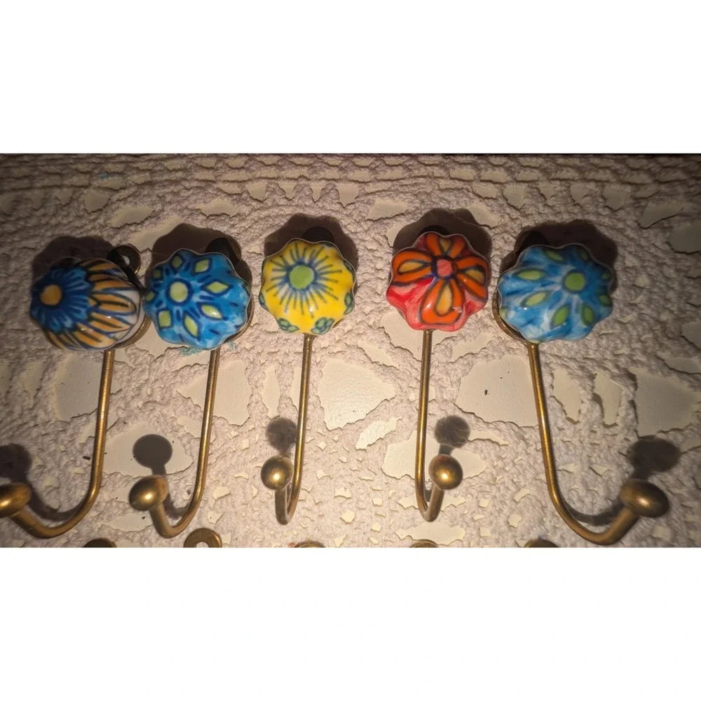 Vintage Hand Painted Ceramic Wall Hooks‎ Floral Brass Robe Coat Hooks Set of 10